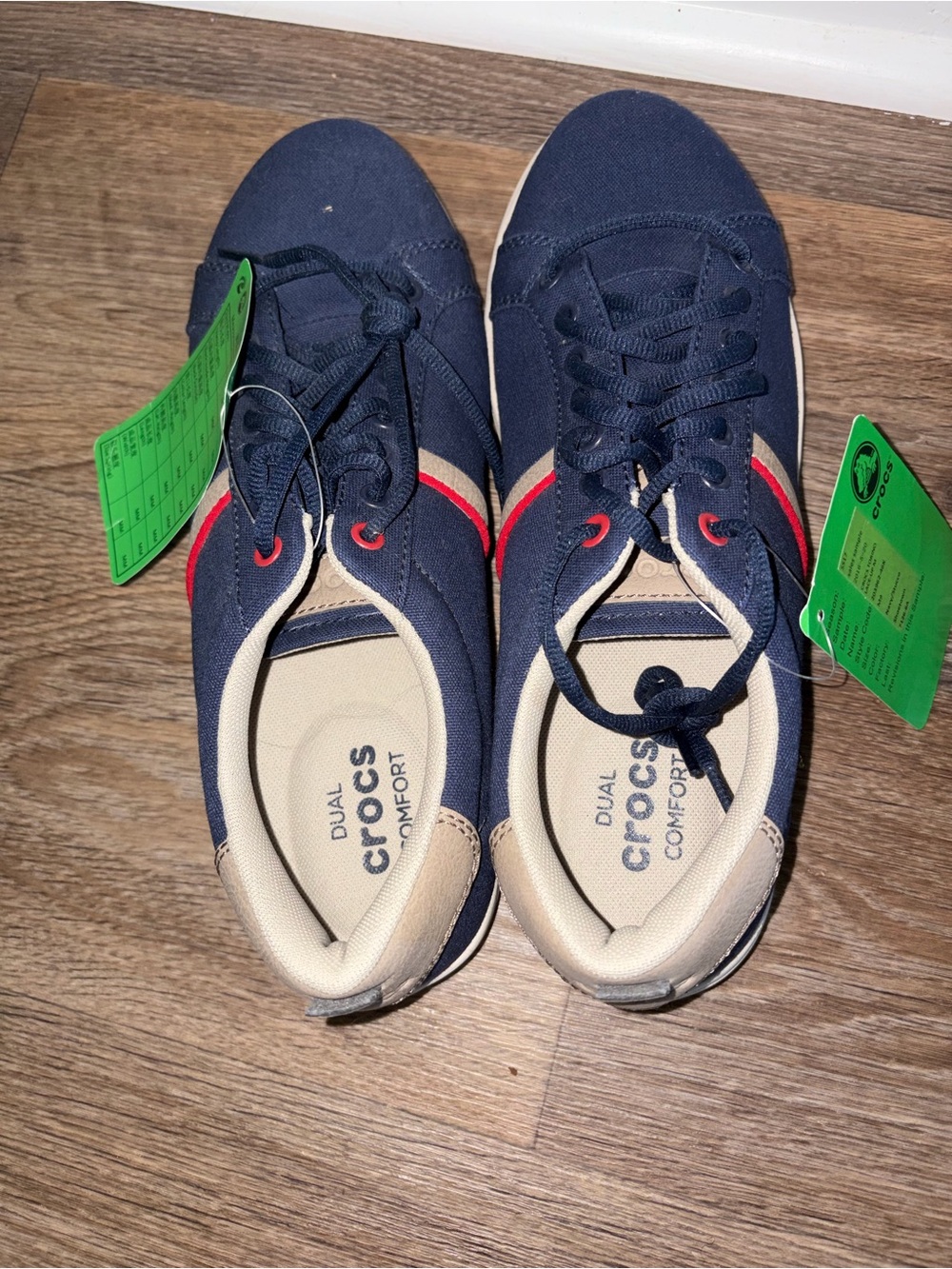 CROCS Navy Canvas Sneakers with Red Stripe and Cream Trim
